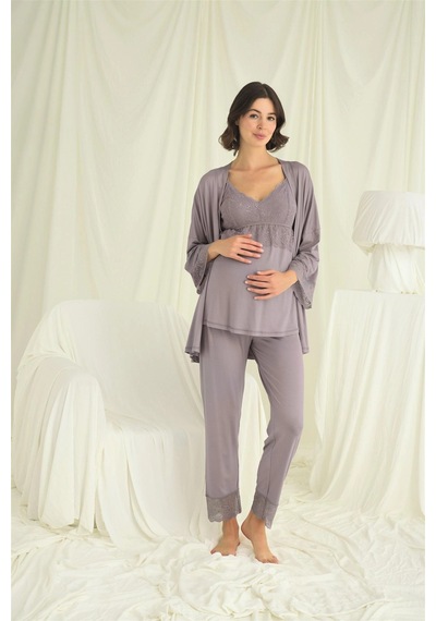 L'ombre Dantelli Hamile Lohusa 3lü Pijama Takımı