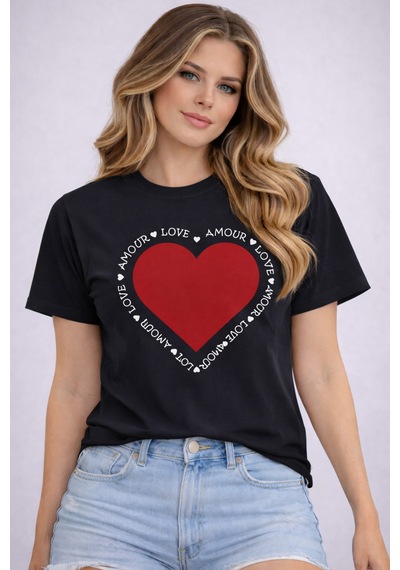 Herkesemoda Amour Love Baskı Detaylı Basic T-shirt Siyah