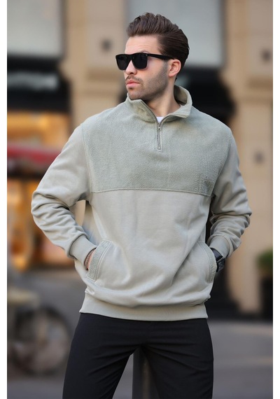 Madmext Çağla Yeşili Dik Yaka Yarım Fermuarlı Polar Sweatshirt 7096 Yeşil