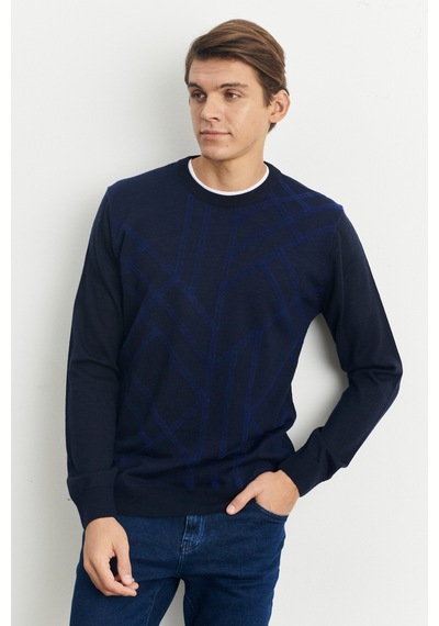 AC&Co / Altınyıldız Classics ERKEK LACI Standart Fit Bisiklet Yaka Modern Desen Detaylı Kışlık Triko Kazak Lacivert