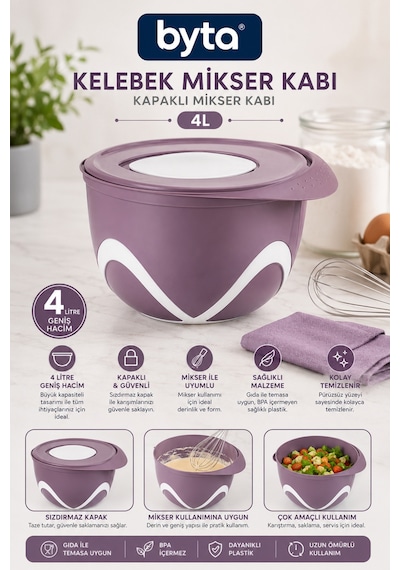 4 Litre Kapaklı Mikser Kabı Bpa İçermeyen Çok Amaçlı Karıştırma, Hamur Yoğurma Ve Gıda Saklama Kabı Mor Mavi Pembe Siyah 1 Adet Karışık Renk Gönderilir Mor