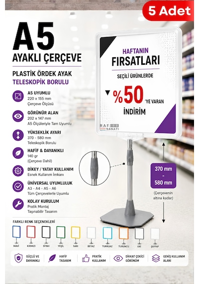 5 Adet - A5 Ayaklı Çerçeve Seti Plastik Ördek Ayak Teleskopik Borulu Fiyat Etiketliği Yönlendirme Levhası Menü Panosu Şeffaf