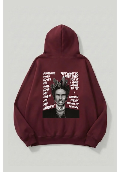 Uyguntarz Unisex Yumuşak Dokulu Frida Kahlo Viva La Vida Baskılı Tasarım Oversize 3 İplik Hoodie Sweatshirt Bordo