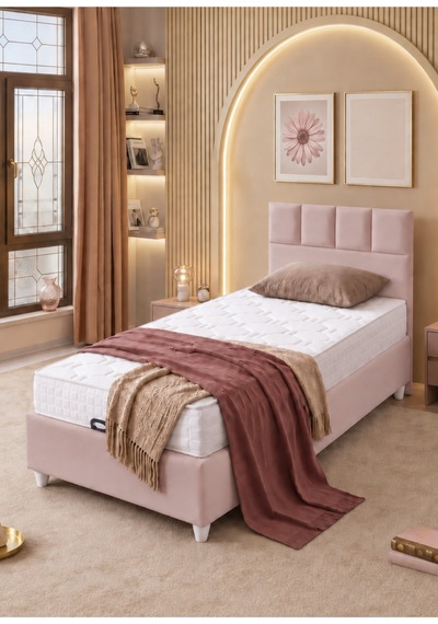 Baza Seti, Monaco Tek Kişilik Baza Başlık Maxi Yatak Seti, Pembe - 100x200 Cm 100 x 200
