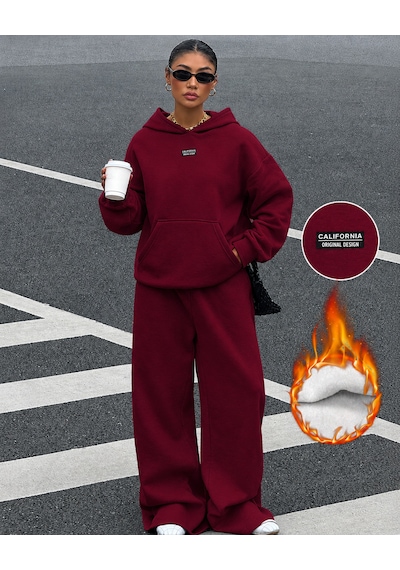 Macklin Unisex Kadın Erkek Calıfornıa Oversize 3 İplik Kapüşonlu Hoodie Ve Baggy Eşofman Altı Bordo