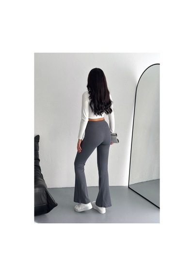 Gugus Kadın Yüksek Bel İncelten Etkili Beli Fitilli İspanyol Paça Tayt Pantolon Fümee
