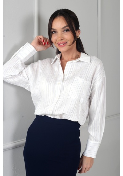 By Saygı Kadın Kraş Cotton Tek Cepli Çizgili Gömlek Mavi
