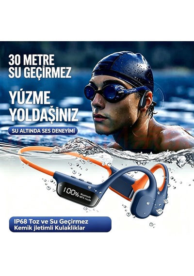 Kemik İletimli Yüzme Ve Spor Kulaklığı, 32gb Telefonsuz Mp3, Ip68 Su Geçirmez, 8 Saat Mavi