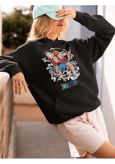 Sevbano Monkey D. Luffy Baskılı Unisex Oversize One Piece Anime Hoodie Siyah