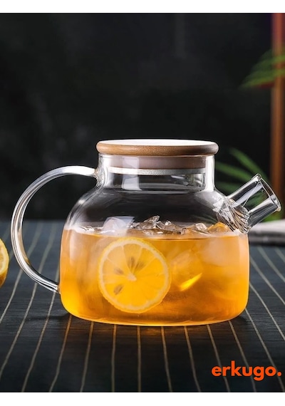 Vakumlu Bambu Kapaklı Isıya Dayanıklı Borosilikat Cam Demlik, Süzgeçli Demlik 1000 Ml Teapot Şeffaf