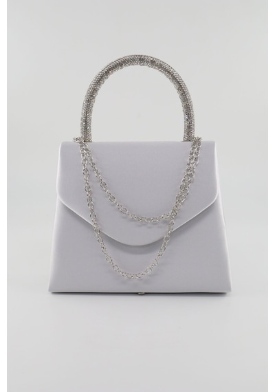 Keeba Saten Taşlı Gümüş Abiye Çanta Clutch Saten Gümüş Gece Çantası Abiye Çanta Gümüş Saten Abiye Çanta