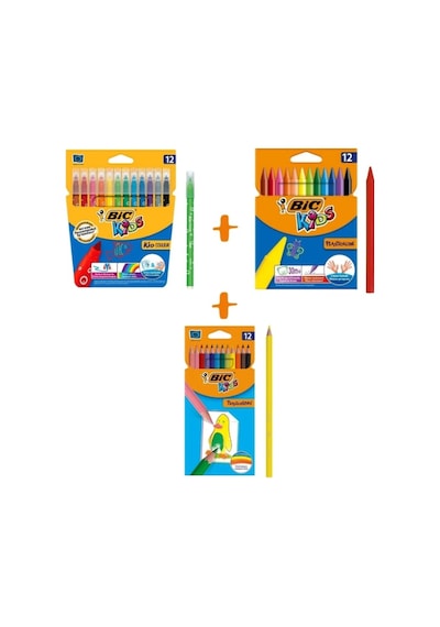 Bic Boyama Seti Kuru Boya 12'li + Keçeli Boya 12'li + Mum Pastel Boya 12'li