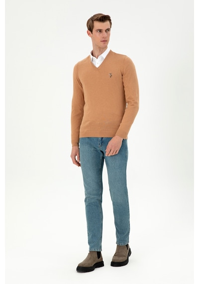 U.S. Polo Assn. Erkek Slim Fit V Yaka Camel Melanj Basic Kazak 50288885-VR122