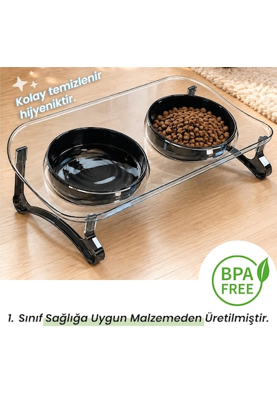 Mama Kabı, Mama Ve Su Kabı, Kedi Mama Kabı, Kedi Mama Ve Su Kabı, Köpek Mama Kabı, Kedi Mama Kapları, Köpek Mama Ve Su Kabı, 15 Eğimli Yüksek Çift Kaseli Transparan+siyah