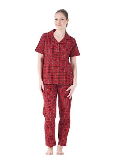Estiva Kareli Desen Önden Düğmeli Bayan Pijama Takım Kırmızı