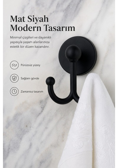 Alper Banyo Mat Siyah Askılık Yapışkanlı Ve Vidalı Montaj