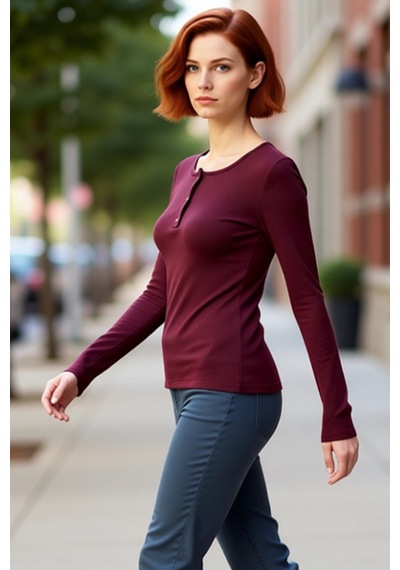 Ersefa Stil Kadın Çıtçıtlı Fitted Vücuda Oturan Fitilli Esnek Bluz Regul bordo
