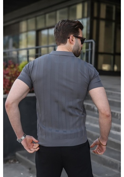 Madmext Antrasit Slim Fit Polo Yaka Triko Erkek Tişört E7491