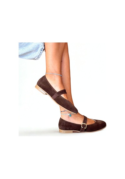 Ne&ve Shoes Kahve Süet Hakiki Deri Yuvarlak Burunlu Tokalı Kadın Babet Kahverengi