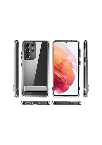 Galaxy S21 Ultra Kılıf Standlı Şeffaf Silikon Zore L-Stand Kılıf Renksiz
