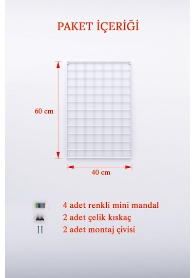 40x60 Metal Fotoğraf Askısı Tel Pano Beyaz 4 Adet Mini Mandal 2 Adet Kıskaç