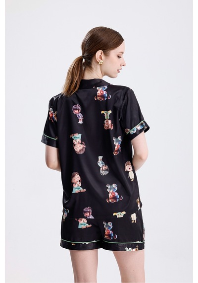 Kadın Kısa Kollu Şortlu Pijama Takımı Kız Bebek Desenli Yazlık Rahat Takım Çok Renkli