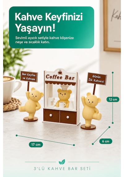 3'lü Kahve Standı Temalı Ayıcıklı Dekoratif Biblo Seti - Kahve Köşesi Aksesuarı -