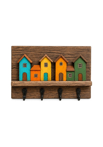 Dekoratif Ahşap Ev Figürlü Anahtarlık Askılığı 20x30 Cm 4 Kancalı Duvar Anahtarlığı Organizer Çok Renkli