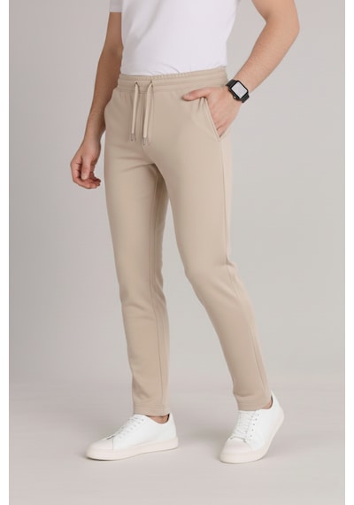Bürke Erkek Bej Beli Lastikli Bağcıklı Duble Paça Jogger Pantolon