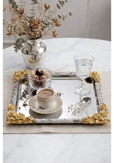 2'li Kare Gold Vintage İşlemeli Kahve Sunum Tepsisi-lüx Servis Tepsisi Gold