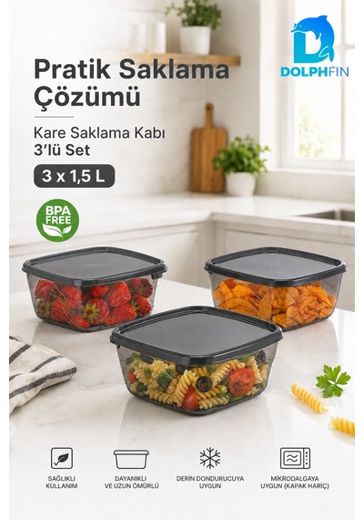 3 Lü Kare Saklama Kabı Seti 3x1,5 Litre Füme Şeffaf Siyah Kapaklı Bpa İçermez