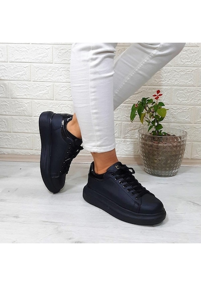 Bestof 150 Siyah-siyah Fuspetli Sneaker Düz Taban Spor Ayakkabı 001