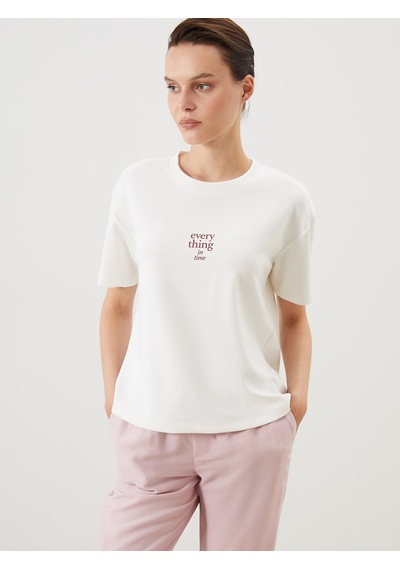 Lcw Comfort Beyaz Baskılı Soft Touch Kadın Tişört