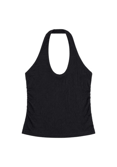 Vadon 1010 Kadın Bürümcük Dokulu Halter Yaka Crop Atlet Bol Paça Pantolon Takım Siyah