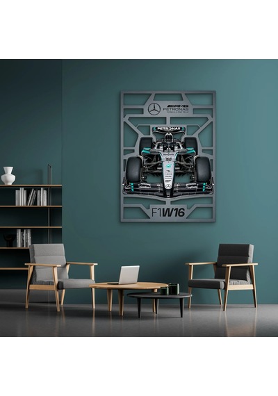 Gümüş-siyah Formula 1 Yarış Aracı Metal Tablo 91x125 Cm Çok Renkli