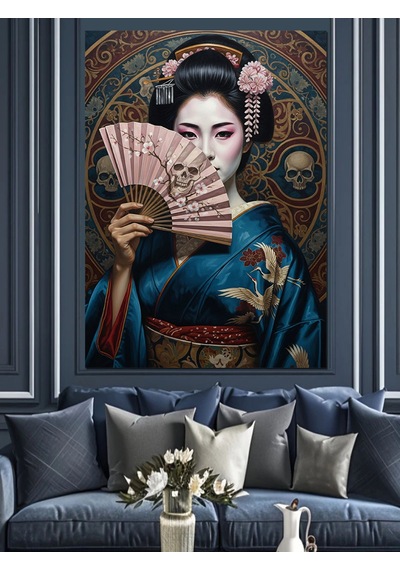Ahşap Tablo Japon Geyşa Yelpaze Tutuyor