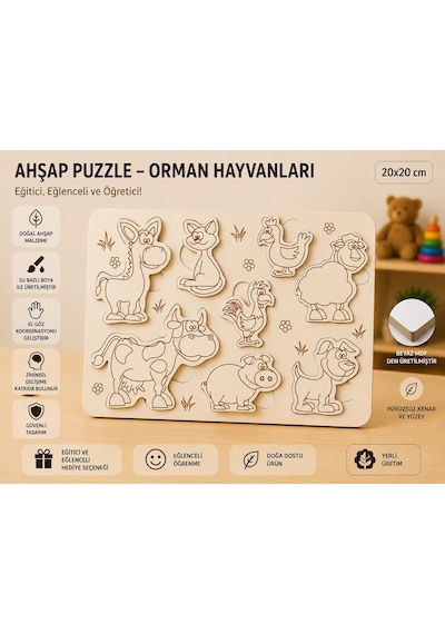 Ahşap Puzzle - Orman Ve Çiftlik Dostları: Eğitici Zeka Oyunu 20x20 Cm