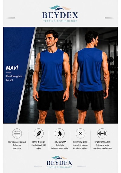 Beydex Erkek Nem Emici Hızlı Kuruma Atletik Teknik Sporcu Sıfır Kol T-shirt Gym Mavi