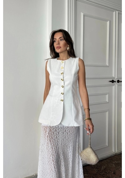 Defymoda Jakar Keten Yelek Belden Oturtmalı Gold Düğmeli - Beyaz Beyaz
