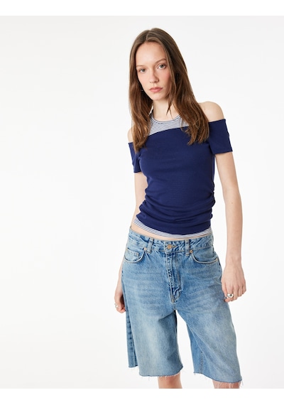 Koton Slim Fit Atlet Detaylı Kısa Kollu Viskon Karışımlı Omzu Açık Tişört Lacivert 6sal10744ık