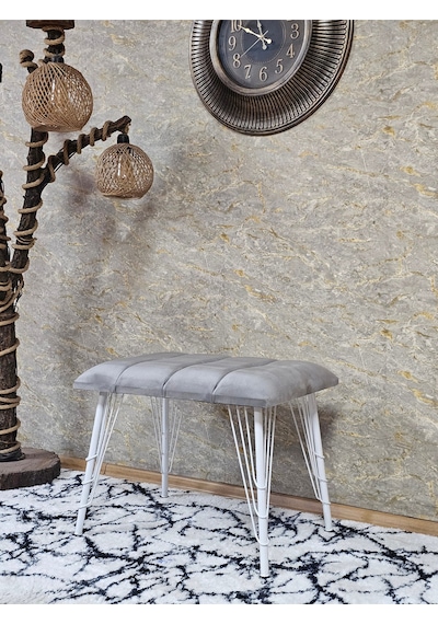 Zafir Metal Beyaz Tel Ayaklı 60 Cm Puf Bench - Puf - Bench - Oturak - Mutfak Oturağı - Antre Oturağı Gri
