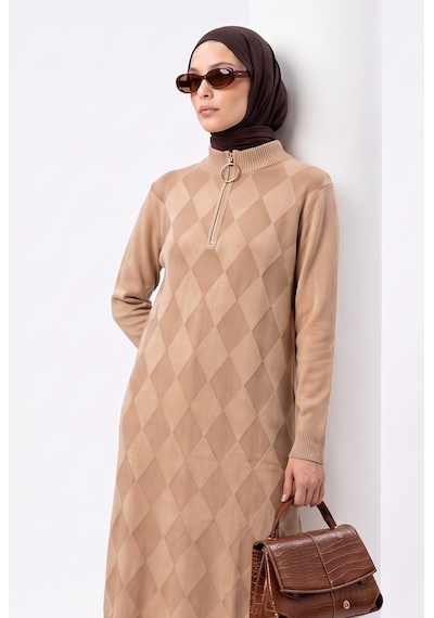 Armine Trend Baklava Desenli Fermuar Yaka Uzun Triko Tunik Latte 25ktd4112 Açık Kahverengi