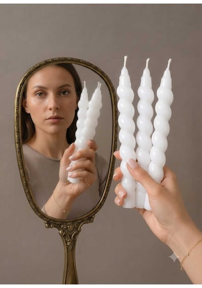 Dekoratif Burgulu Beyaz Spiral 3lü Mum Beyaz