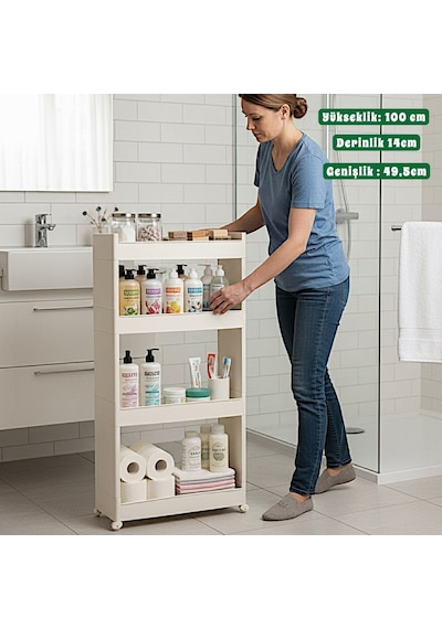 Technow Motek Sr-04 Tekerlekli Plastik Banyo Rafı 4 Katlı Organizer Beyaz Beyaz