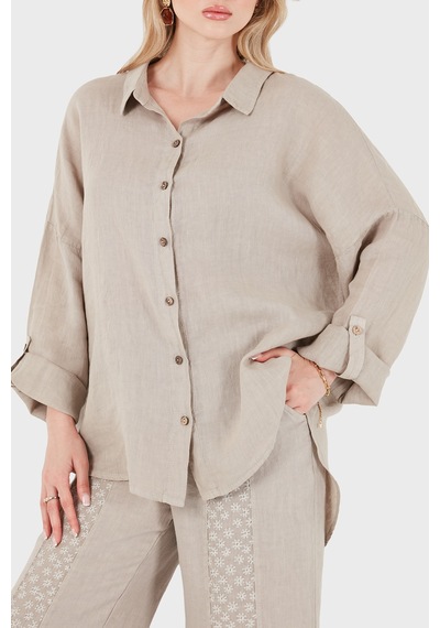 Via Dante % 100 Keten Oversize Yarı Transparan Gömlek Bayan Gömlek 7697 Bej
