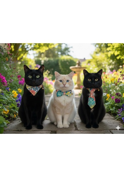Flypet Renkli Çiçek Desen 3lü Set Papyon + Fular+ Kravat Kedi Tasma & Yavru Köpek Tasma 13cm-24cm