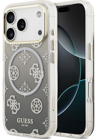Apple Uyumlu iPhone 17 Pro  Kılıf Guess Lisanslı M-safe Özellikli Simli Peony Desenli Silikon Kapak Siyah Siyah