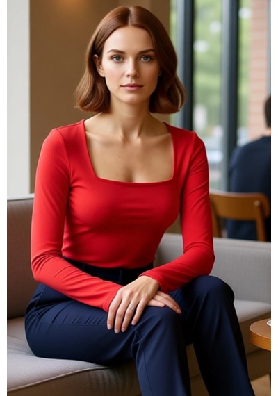 Ersefa Moda Kare Yaka Örme Slim Düz Desen Casual Günlük Regular Uzun Kol Kırmızı