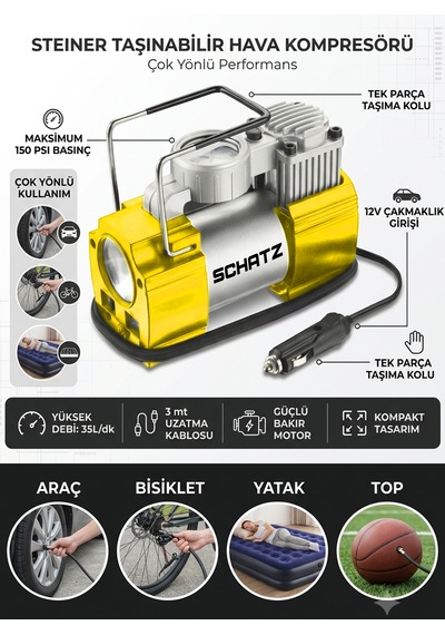 Schatz 12v 150 Psi Işıklı Bakır Sargılı Çakmaklık Girişli Mini Hava Kompresörü 35l Sarı