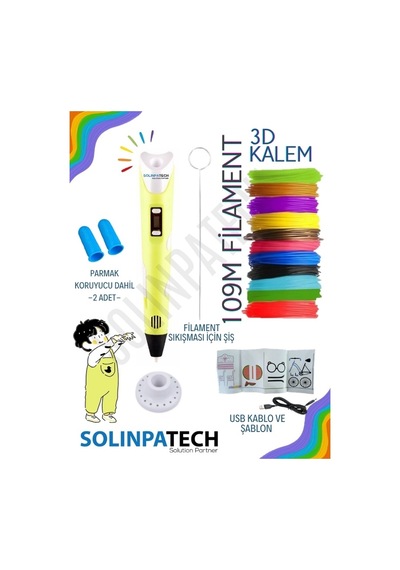 Sarı 3D Kalem 3D Pen Yazıcı Kalem | 20 Adet 5 Metre (Toplam 100 Metre) Filament + USB KABLO